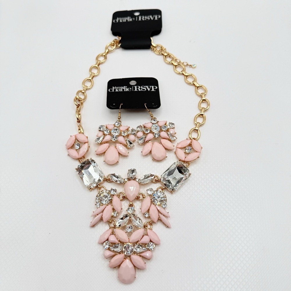 Charming Charlie Necklace & Earring Set w/ Rhinestones and Pink‎ Cabochons NWT